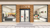 Modern store facade with concrete stairs, brickwall, large showcase and well-illuminated beauty product inside, 3d illustration