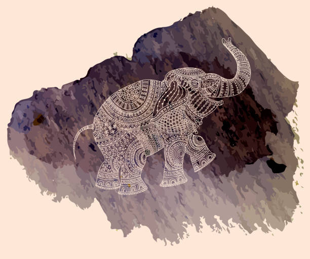 vektorillustration der beigefarbenen handgezeichneten elefantensilhouette mit ethnischen stammesornamenten auf einem lilablauen aquarellfleckenhintergrund - backgrounds elephant illustration and painting india stock-grafiken, -clipart, -cartoons und -symbole