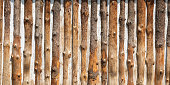 Old wooden wall trimmed half log, background.