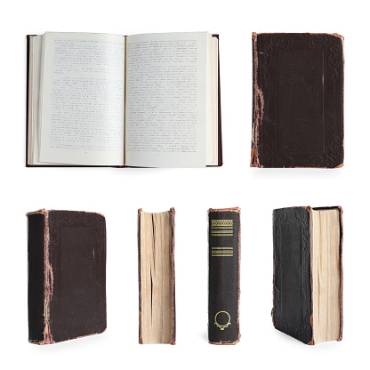 Collage with old hardcover books isolated on white