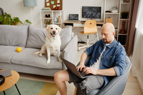 istock Man with disability using laptop in living room with white dog in background 1646903485
