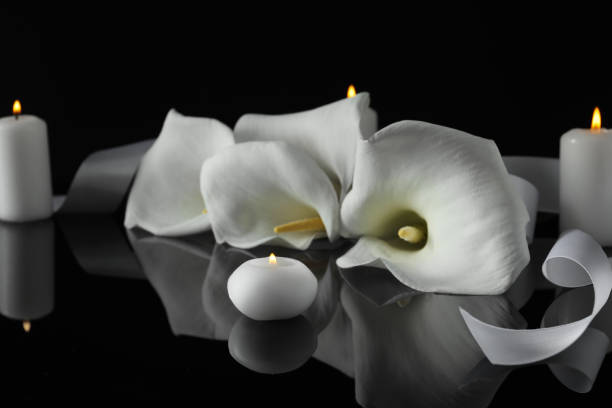 istock Burning candles and white calla lily flowers on black mirror surface in darkness, closeup. Funeral symbols 1646908957