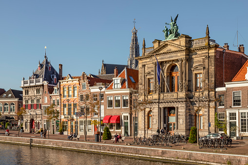 Haarlem, Netherlands, October 28, 2021; Canal houses along the river De Spaarne in the city of Haarlem.