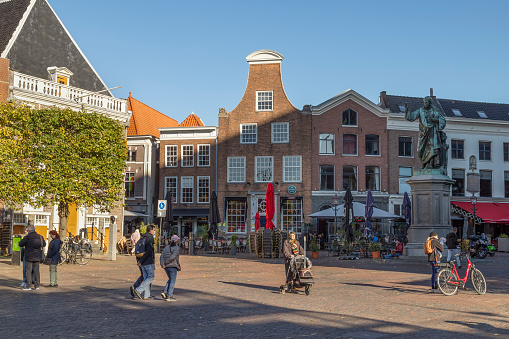Haarlem, Netherlands, October 28, 2021; Grote Markt with the statue of Laurens Janszoon Coster in the center of the city.