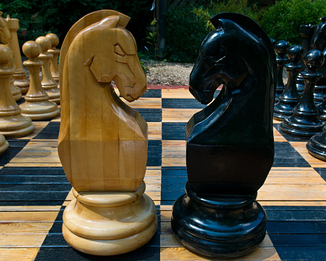 Large wooden street chess. Confrontation of white and black chess horses.