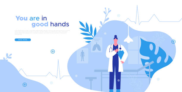 illustrazioni stock, clip art, cartoni animati e icone di tendenza di concetto di modello web per ospedale per ufficio medico donna - ambulatorio medico