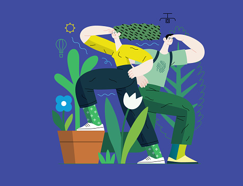 Greenery, ecology -modern flat vector concept illustration of observing people surrounded by plants. Metaphor of environmental sustainability and protection, closeness to nature