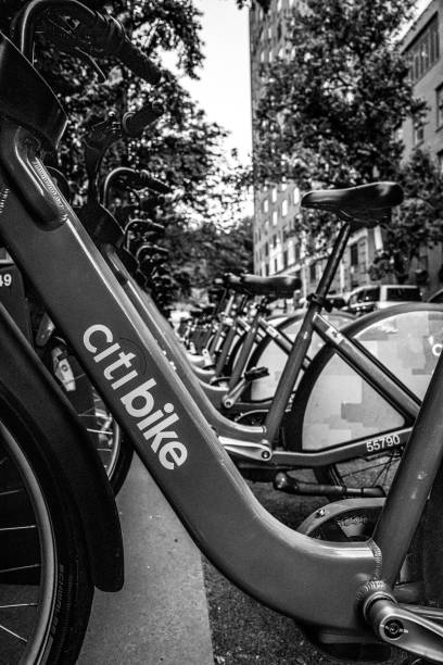 New York,NY USA- 2021 A row of parked Citi bikes in New York City