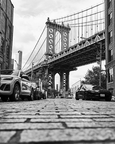 Brooklyn,NY USA- 2021 Street view of the Manhattan Bridge from Brooklyn New York