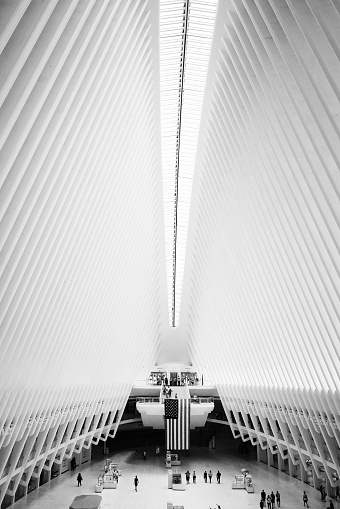 New York,NY USA- 2022 An interior view of The Oculus Center with an American Flag