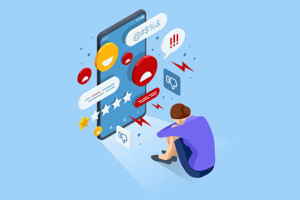 bắt nạt trên mạng isometric hoặc ảnh hưởng xấu trên internet. nạn nhân bắt nạt trên mạng. cô gái trẻ khóc trước màn hình laptop vì tin nhắn của kẻ thù ghét. - bắt nạt trên mạng hình minh họa sẵn có