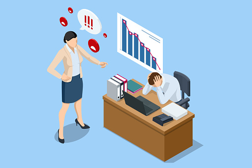 Isometric Corporate Problems, Female Rights and Bullying Problem At Workplace. Business woman bullying a sad colleague that is sitting in her workplace at the office.