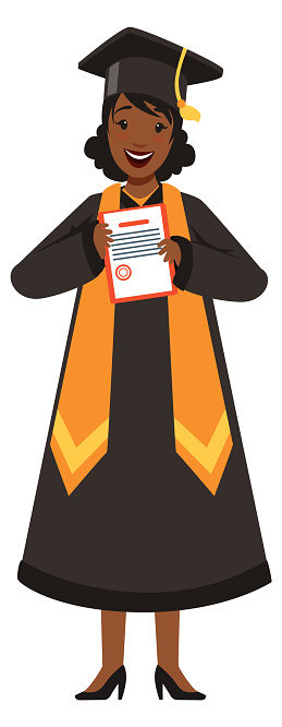 istock Successful student character. Black girl with degree diploma 1646985372