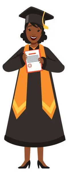 Vector illustration of Successful student character. Black girl with degree diploma