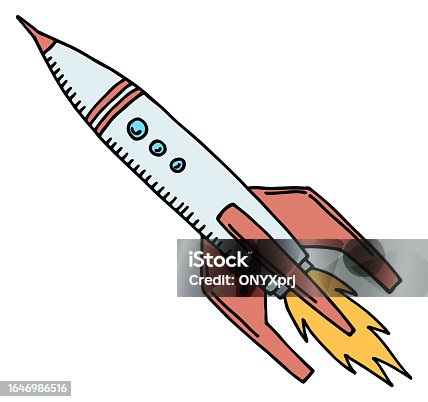 istock Flying rocket doodle. Color space shuttle icon 1646986516
