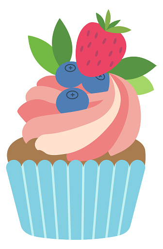 Cream swirl cupcake with fresh berries. Sweet pastry isolated on white background