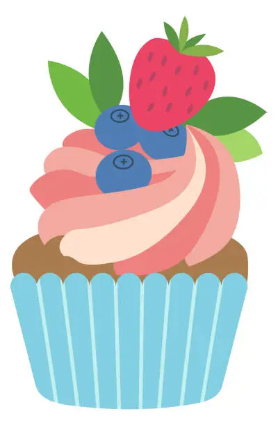 Vector illustration of Cream swirl cupcake with fresh berries. Sweet pastry