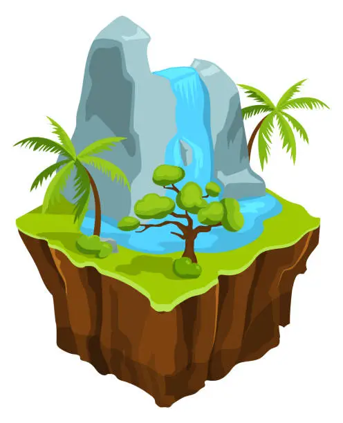 Vector illustration of Isometric flying land with waterfall and palms. Tropical ground