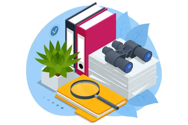 Vector illustration of Isometric business analysis, analytics, research, strategy statistic, planning, marketing, study of performance indicators. Audit, insurance, financial consultant and analyst.