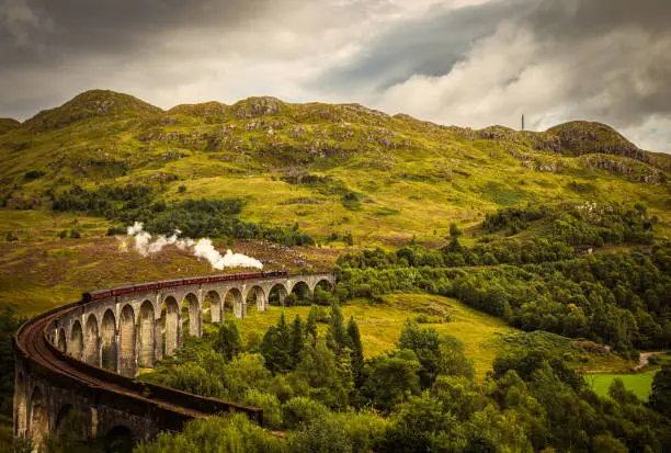 The Jacobite Steam Train passes over the Glenfinnan Viaduct