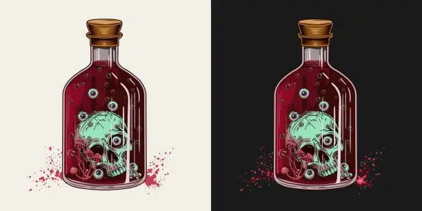 Vector illustration of Bottle of red potion with skull eyeballs mushrooms