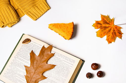 Defocus autumn flatlay. Open book with autumn leaves on it. Yellow leaves. Background. Flat lay composition with autumn leaves and copy space on white background. Chestnut, pumpkin pie. Out of focus.
