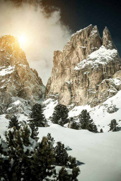 The mount sassongher, nearby Corvara, in a winter day with strange clouds
