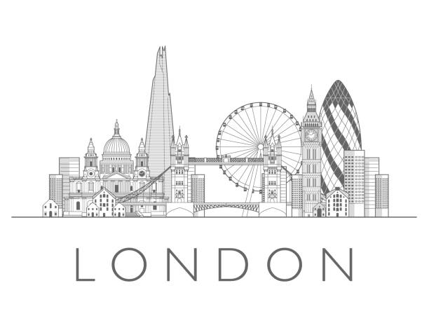 영국 런던 흑백 도시 풍경 라인 아트 스타일 벡터 일러스트레이션 - london england urban scene 30 st mary axe city stock illustrations