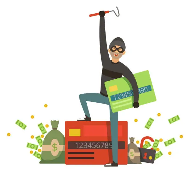 Vector illustration of Happy thief with credit cards. Cyber robbery concept