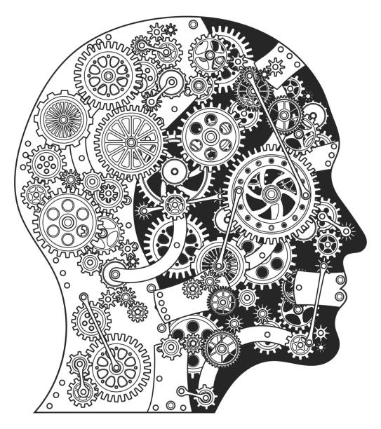 kopfsilhouette mit zahnrädern und zahnrädern. geistige arbeit - concentration brain contemplation action stock-grafiken, -clipart, -cartoons und -symbole