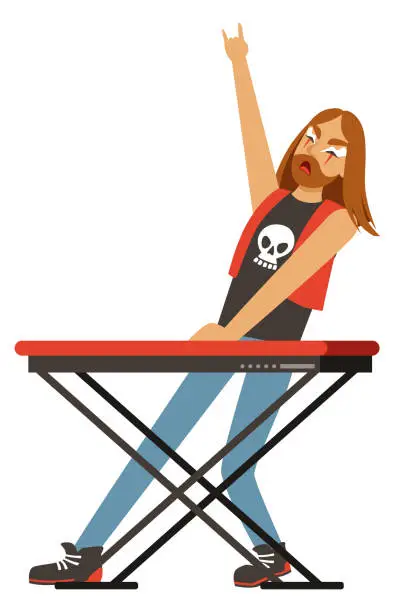 Vector illustration of Rock musician. Cartoon keyboard player on concert