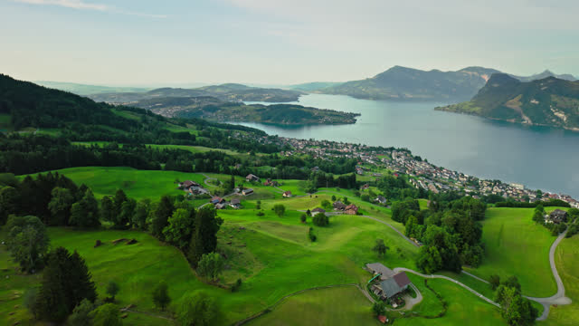 Drone Flight Over Farms Towards Hergiswil and Lake Lucerne