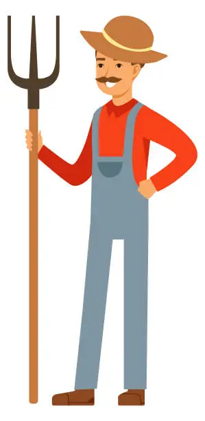 Vector illustration of Farmer character with hayfork. Cartoon happy agriculture worker