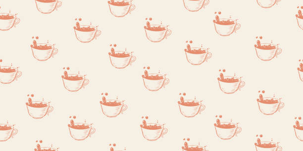 Seamless pattern with сups of spilled tea Seamless pattern with сups of spilled tea isolated on background. Splash drink. Sketch style cup of coffee. Small mug of tea. Beverage drawing with hatching food sample cups stock illustrations