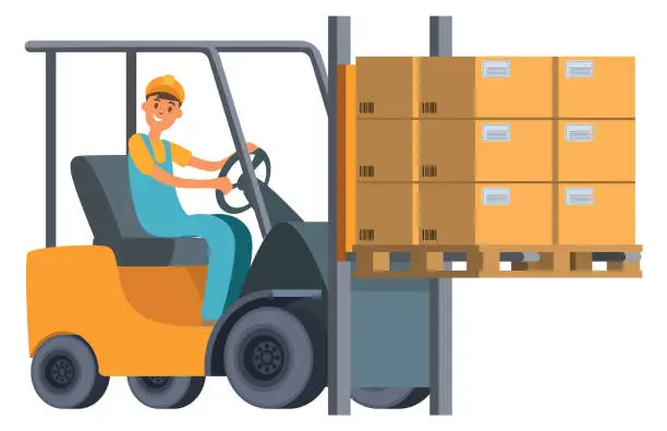 Vector illustration of Warehouse worker riding forklift with cargo cardboard boxes