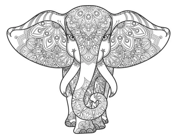 Vector illustration of Elephant shape with decorative zen pattern. Ornate tattoo
