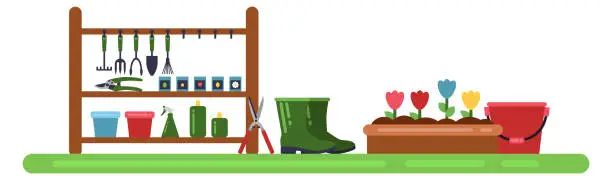 Vector illustration of Gardening tool storage. Color farming equipment icons