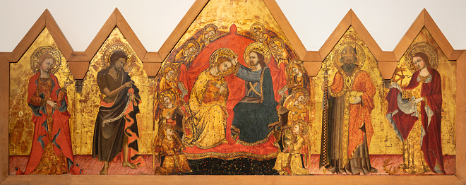 Naples - The medieval painting of Coronation of Virgin Mary in the church Chiesa di San Pietro Martire by unknown artist.