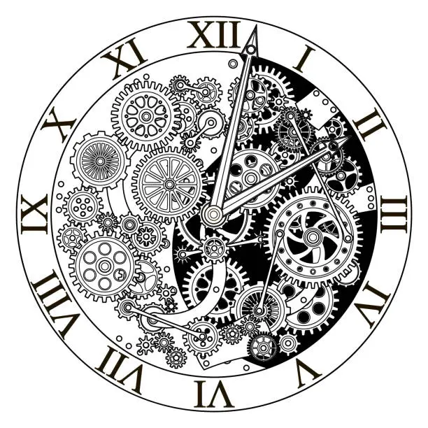 Vector illustration of Retro clock mechanism. Clockwork illustration. Vintage gears