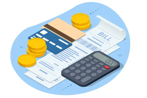 Vector illustration of Isometric Online Bill Payment. Home Utilities Bill Payment Services Concept. Gas, Water, Electricity Supply. Save energy, pay utility bills