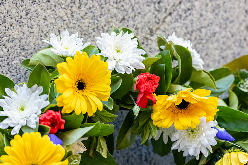 Bouquet of beautiful bright yellow roses with tiny white gypsophila with green leaves, isolated.