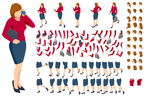 Isometric brown-haired woman character constructor. Front and back view. Various options for hairstyle, clothes, accessories and gadgets, legs, and arms moves.Businesswoman character design. Characters templates