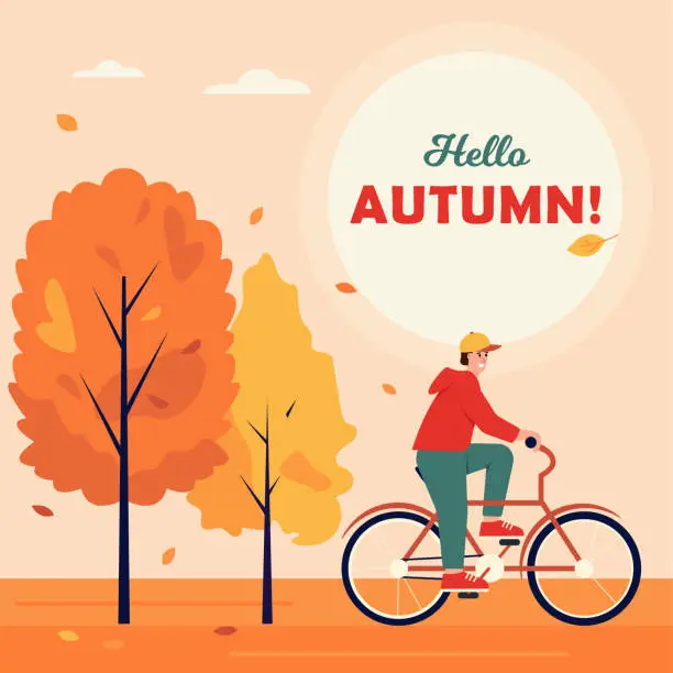 Vector illustration of Young man on bicycle in Park with orange trees. Fall season with bright leaves falling from trees. Autumn square banner.