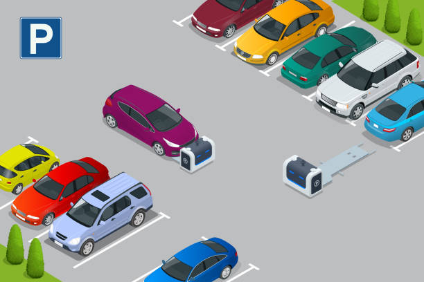 istock Isometric robot valet parking cars. Self-driving forklift. Automated parking system. Outdoor valet parking robot. Automated parking systems for cars 1647072871