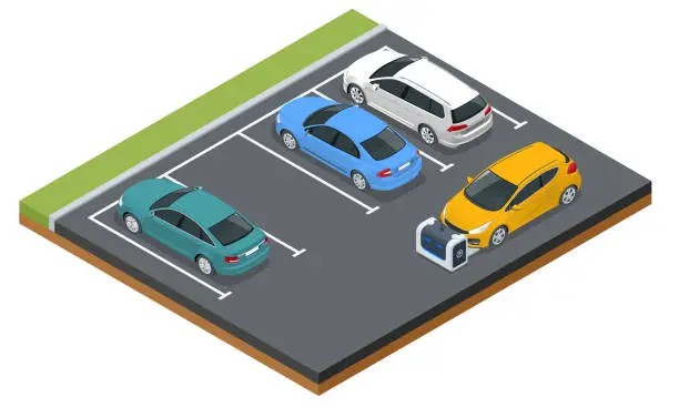 Vector illustration of Isometric robot valet parking cars. Outdoor valet parking robot. Automated parking systems for cars