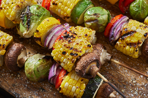 Grilled Vegetable Kebabs with Corn on the Cob, Brussels Sprouts, Yellow and Green Zucchini, Mushrooms, Red Onions and Red Peppers