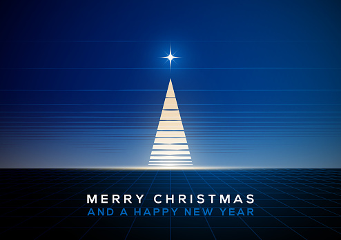 Bright glowing golden Christmas tree vector on blue background illustration