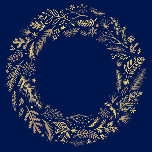 Christmas doodle drawing floral wreath circle border design vector art illustration