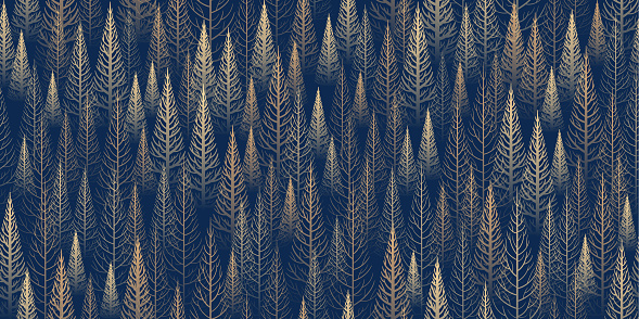 Seamless colorful gold vector trees or winter autumn forest Christmas dark blue black background.