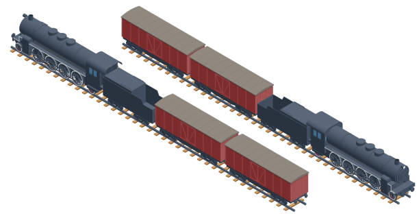 ilustraciones, imágenes clip art, dibujos animados e iconos de stock de locomotora de vapor isométrica. locomotora de vapor negra vintage con vagones - registros de los vagones de transporte de mercancías con